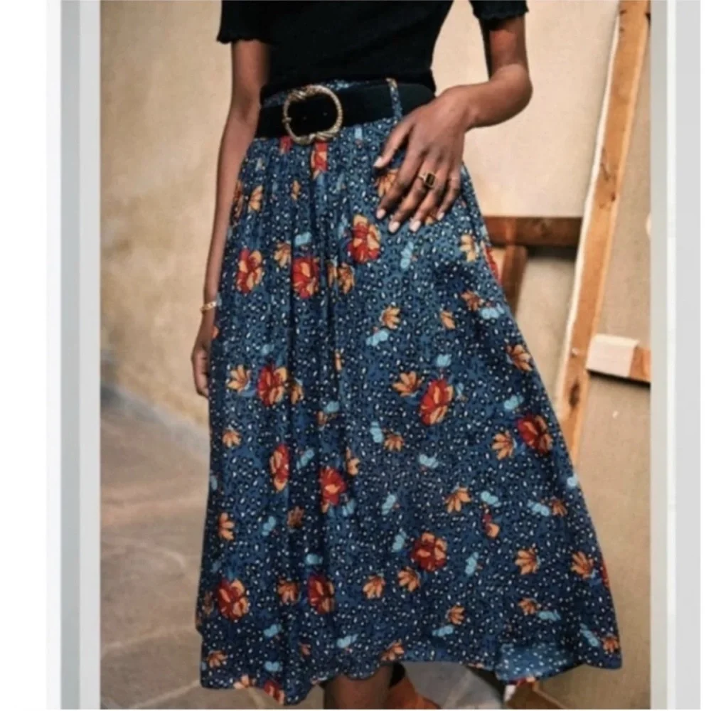 Sezane Navy Floral Midi Skirt with Red and Orange Blossoms - Picture 1 of 7